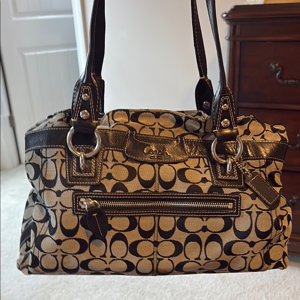 Coach Black and Tan Shoulder Bag with Signature Design